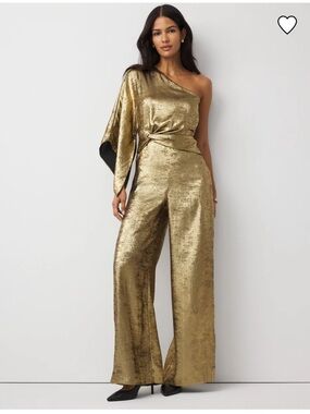 White House Black Market Gold One-Shoulder Wide-Leg Jumpsuit